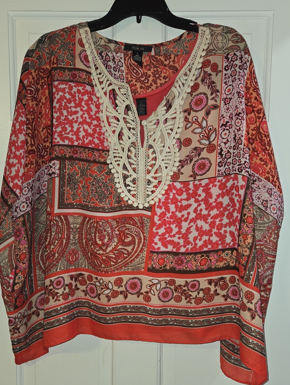 Style & Co. Coral and Pink Patchwork Tunic with Crochet V‑Neck